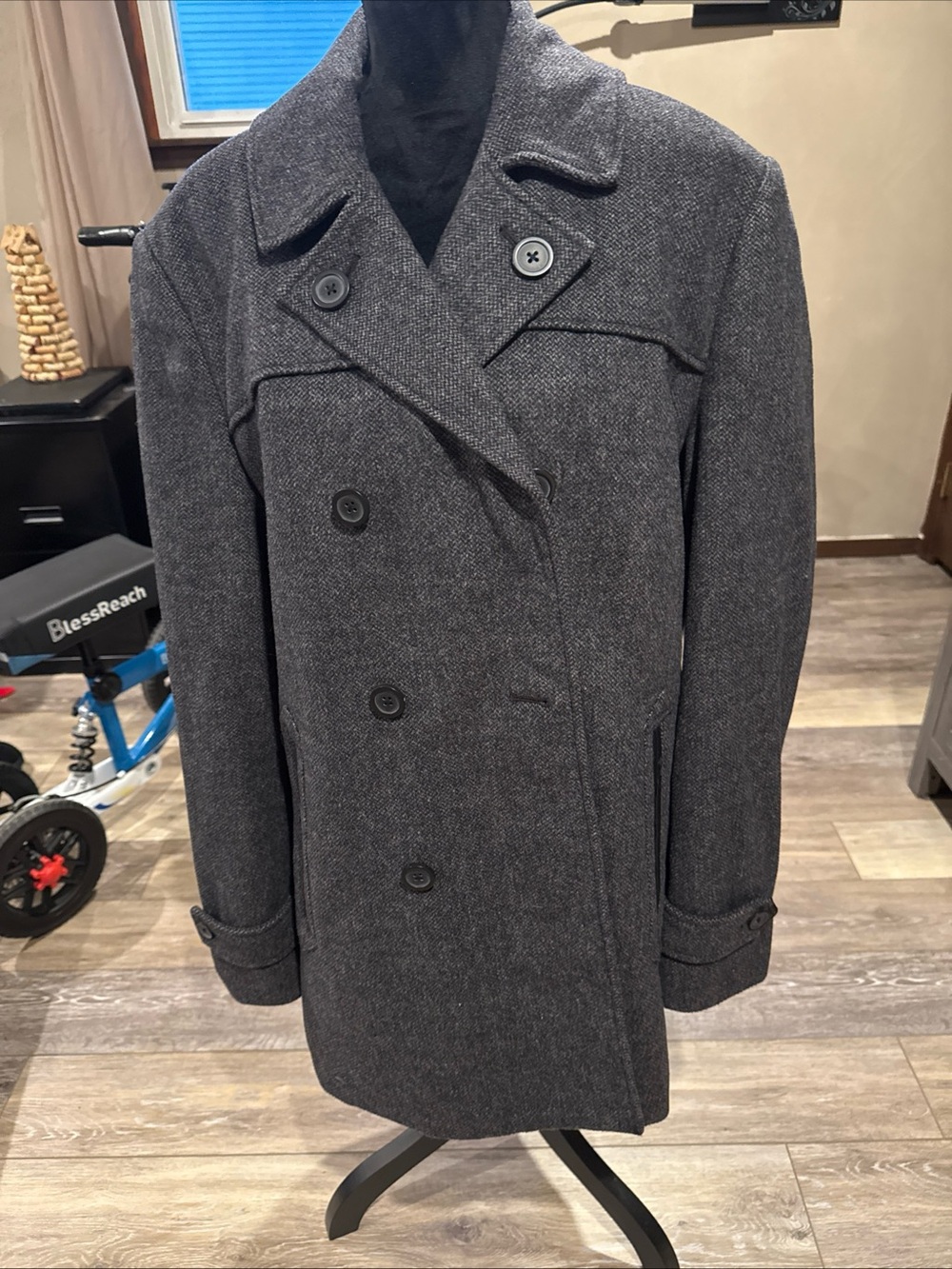 Marc Anthony Men's Double-Breasted Peacoat - Dark Gray
